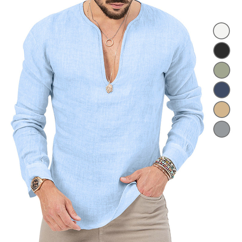 T-shirt décontracté en lin à manches longues pour hommes