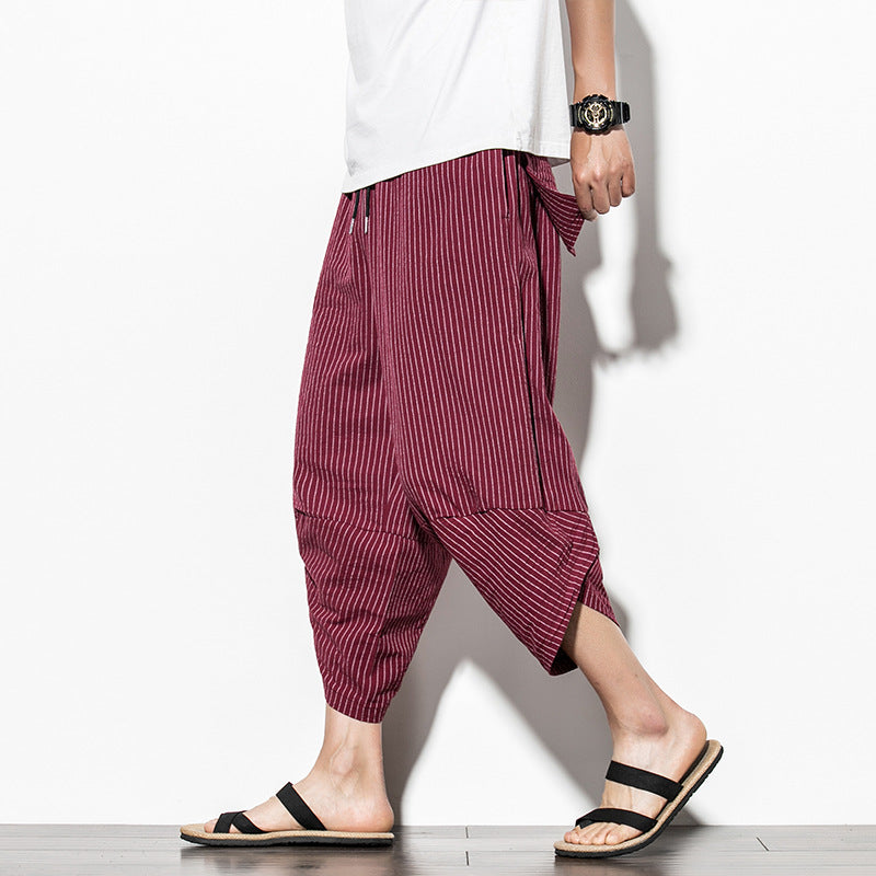 Pantalon court décontracté en lin uni pour hommes à rayures verticales