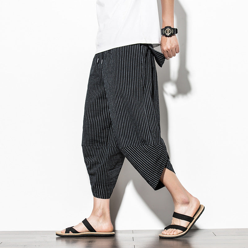 Pantalon court décontracté en lin uni pour hommes à rayures verticales