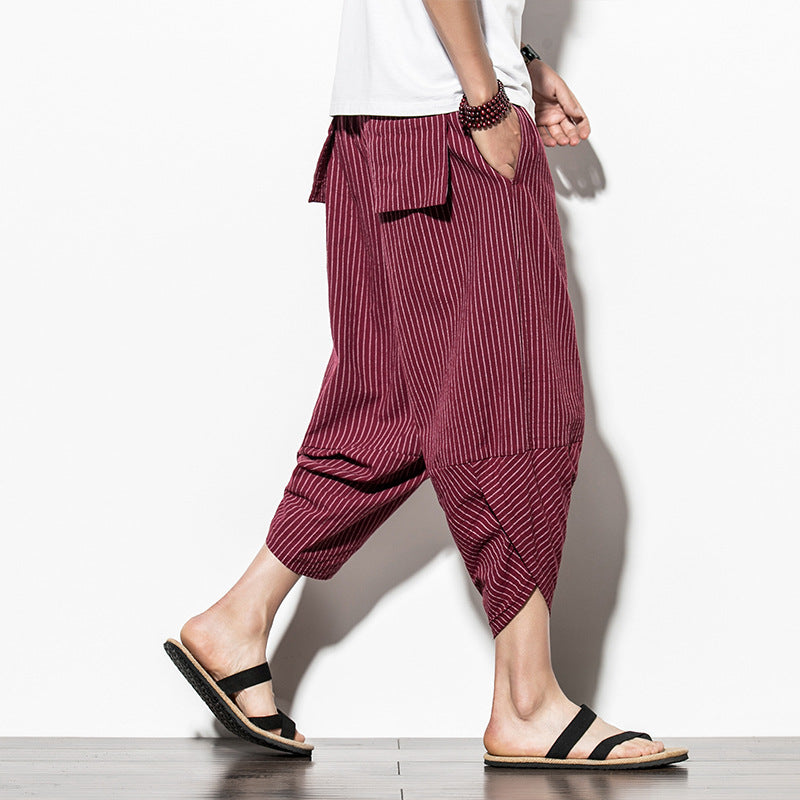 Pantalon court décontracté en lin uni pour hommes à rayures verticales