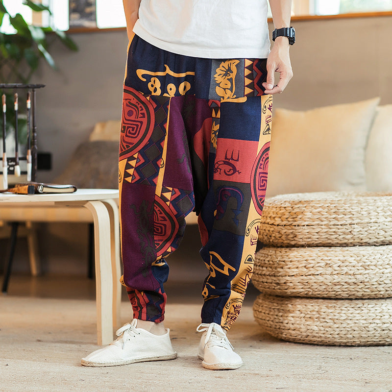Pantalons décontractés en lin de Style National hip-hop ample pour hommes