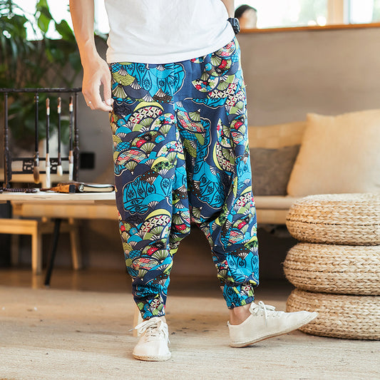 Pantalons décontractés en lin de Style National hip-hop ample pour hommes