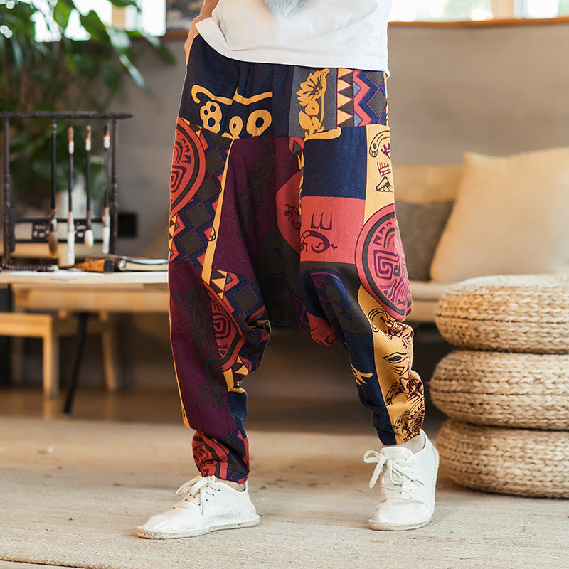 Pantalons décontractés en lin de Style National hip-hop ample pour hommes