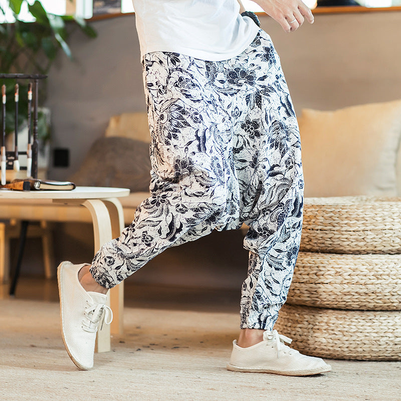Pantalons décontractés en lin de Style National hip-hop ample pour hommes