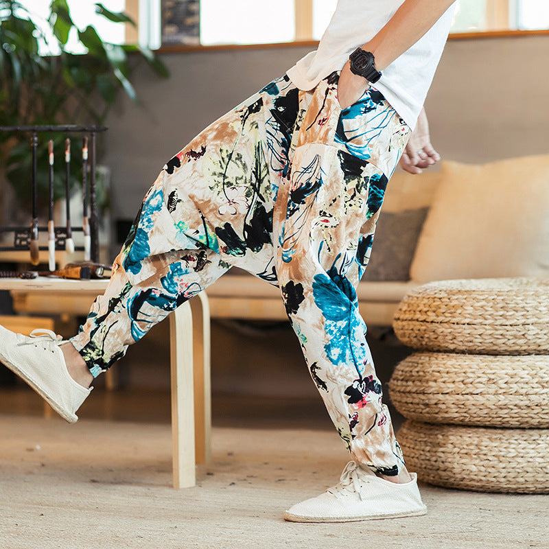 Pantalons décontractés en lin de Style National hip-hop ample pour hommes