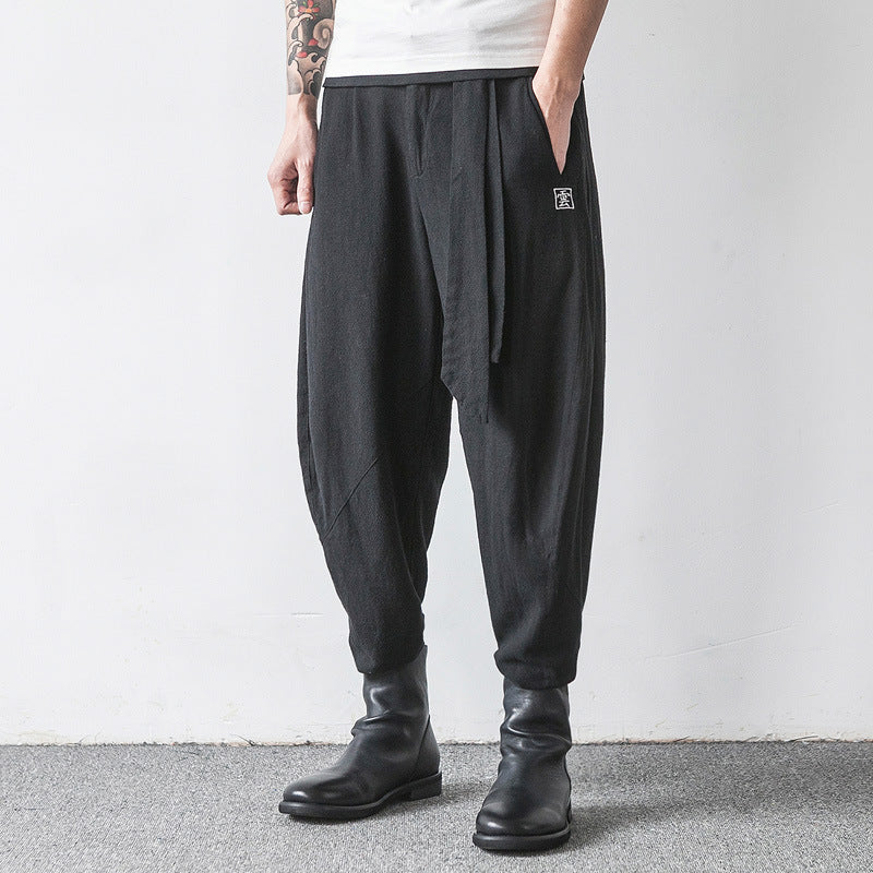 Pantalon Lanterne Brodé Harlan en Coton tt Lin pour homme avec Jambes Larges