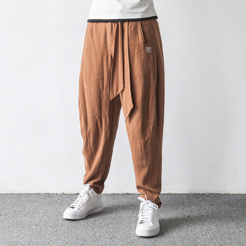 Pantalon Lanterne Brodé Harlan en Coton tt Lin pour homme avec Jambes Larges