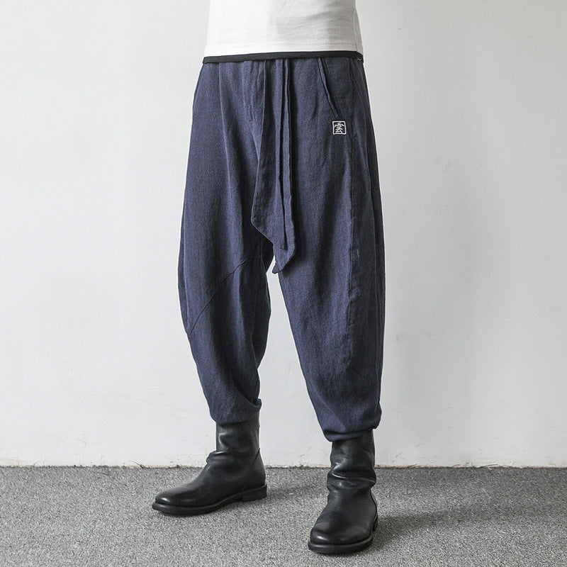 Pantalon Lanterne Brodé Harlan en Coton tt Lin pour homme avec Jambes Larges