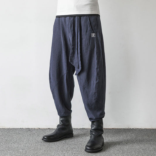 Pantalon Lanterne Brodé Harlan en Coton tt Lin pour homme avec Jambes Larges