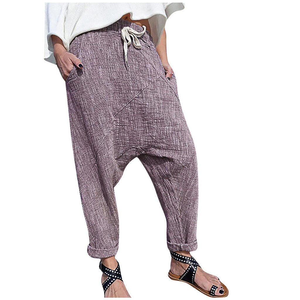Pantalon large à poches, en coton et lin grande taille pour femme.
