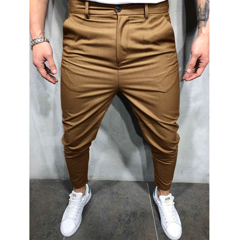 Pantalon de loisirs tissé slim de couleur unie pour hommes