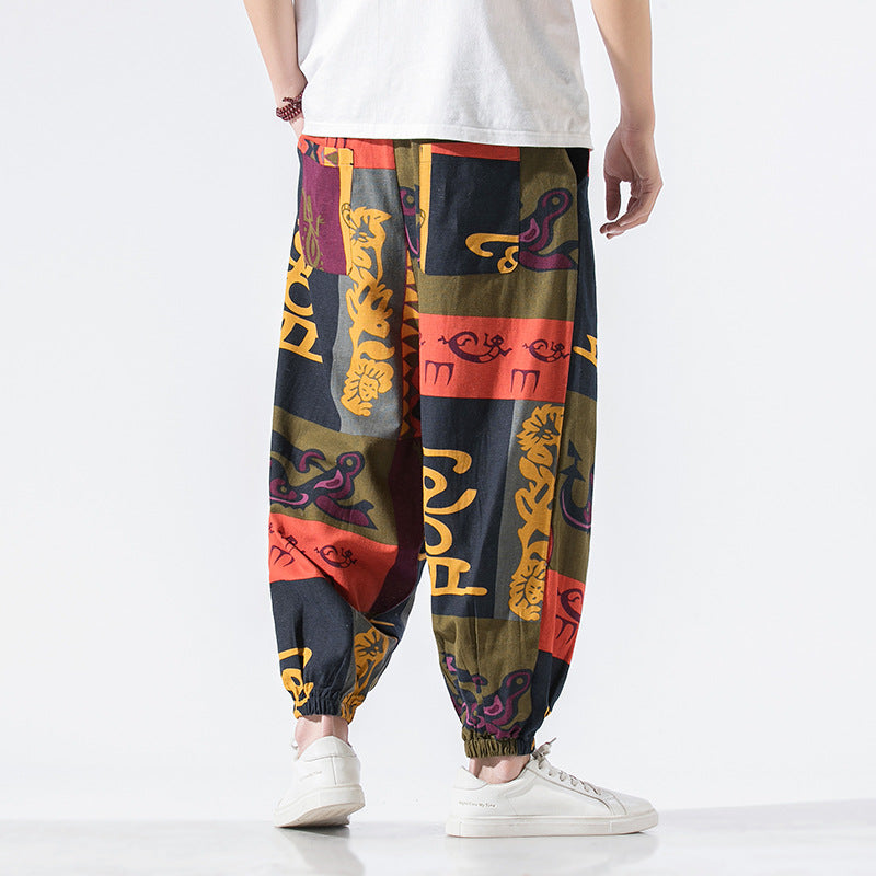 Pantalon décontracté en coton et lin de style chinois, ample, grande taille, neuf points