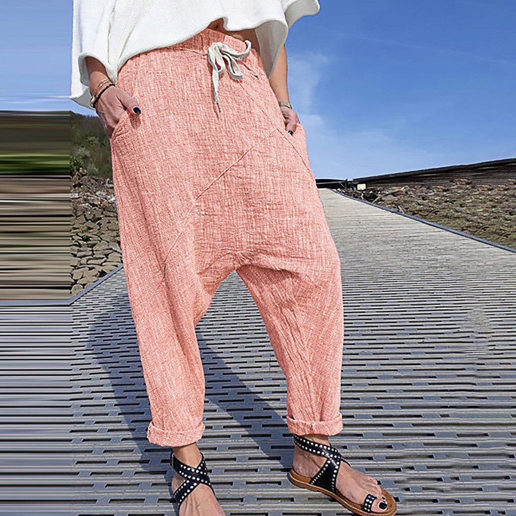 Pantalon large à poches, en coton et lin grande taille pour femme.