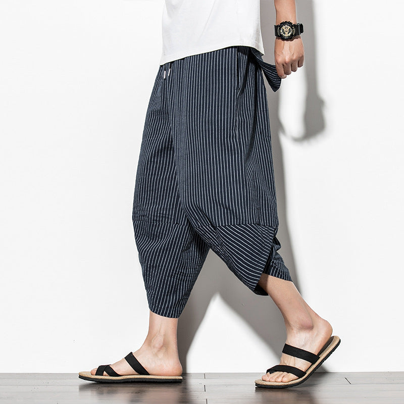 Pantalon court décontracté en lin uni pour hommes à rayures verticales
