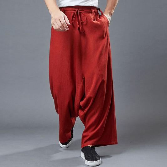 Pantalon décontracté en lin pour hommes, pantalon à entrejambe large