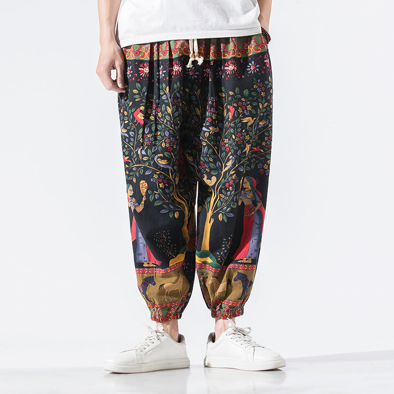 Pantalon décontracté en coton et lin de style chinois, ample, grande taille, neuf points