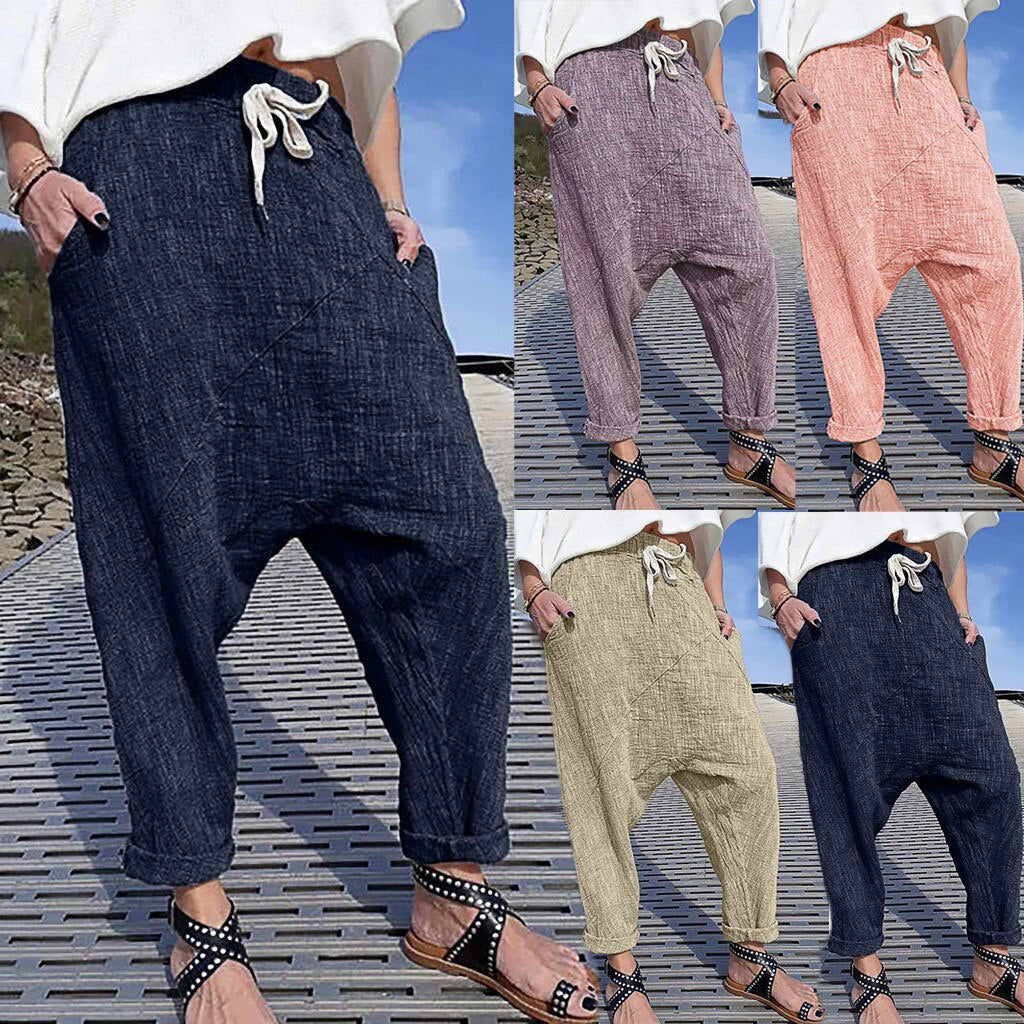 Pantalon large à poches, en coton et lin grande taille pour femme.