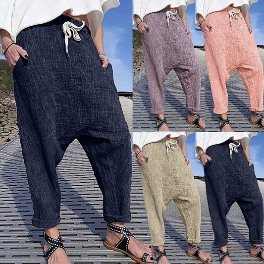 Pantalon large à poches, en coton et lin grande taille pour femme.