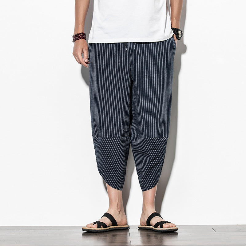 Pantalon court décontracté en lin uni pour hommes à rayures verticales
