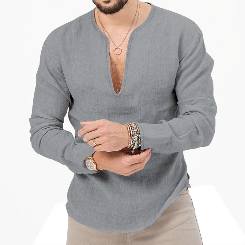 T-shirt décontracté en lin à manches longues pour hommes