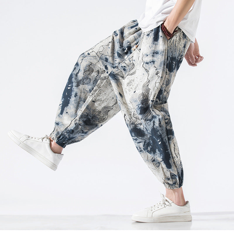 Pantalon décontracté en coton et lin de style chinois, ample, grande taille, neuf points