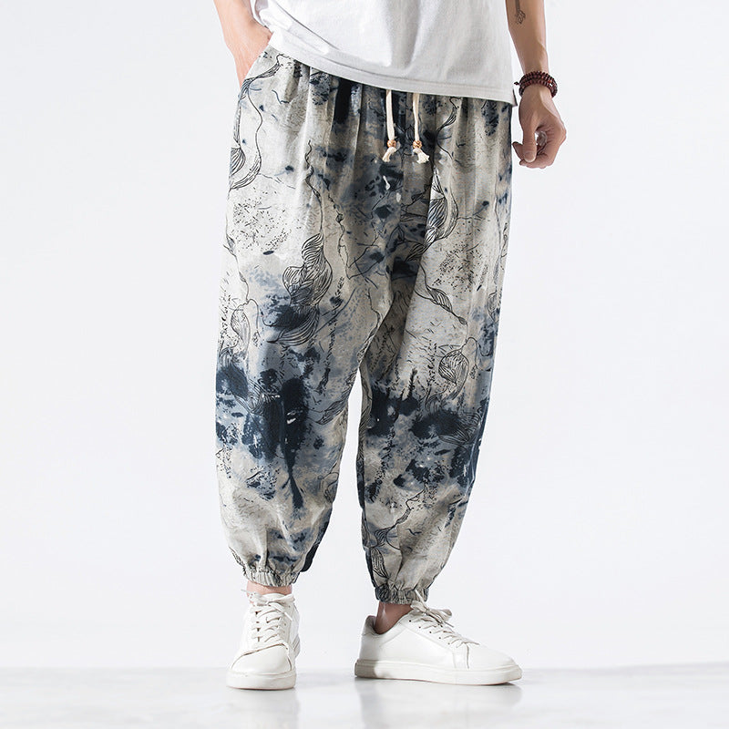 Pantalon décontracté en coton et lin de style chinois, ample, grande taille, neuf points