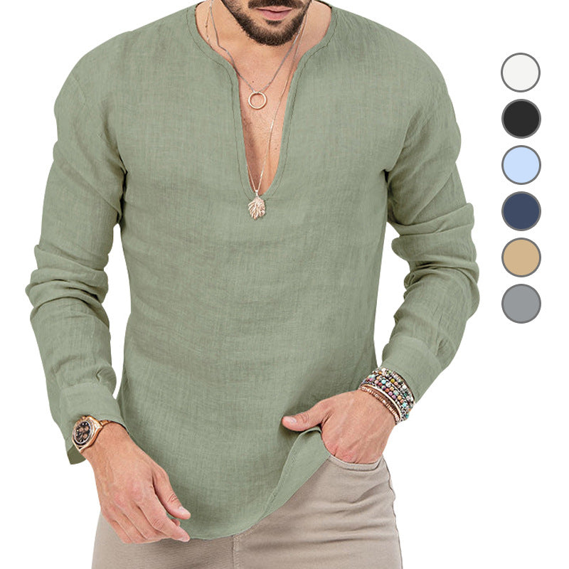 T-shirt décontracté en lin à manches longues pour hommes