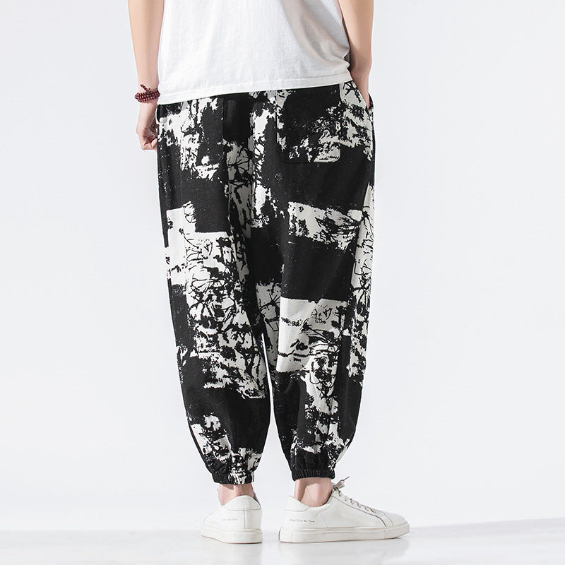 Pantalon décontracté en coton et lin de style chinois, ample, grande taille, neuf points
