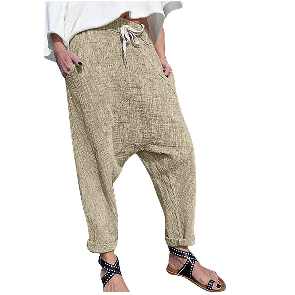Pantalon large à poches, en coton et lin grande taille pour femme.
