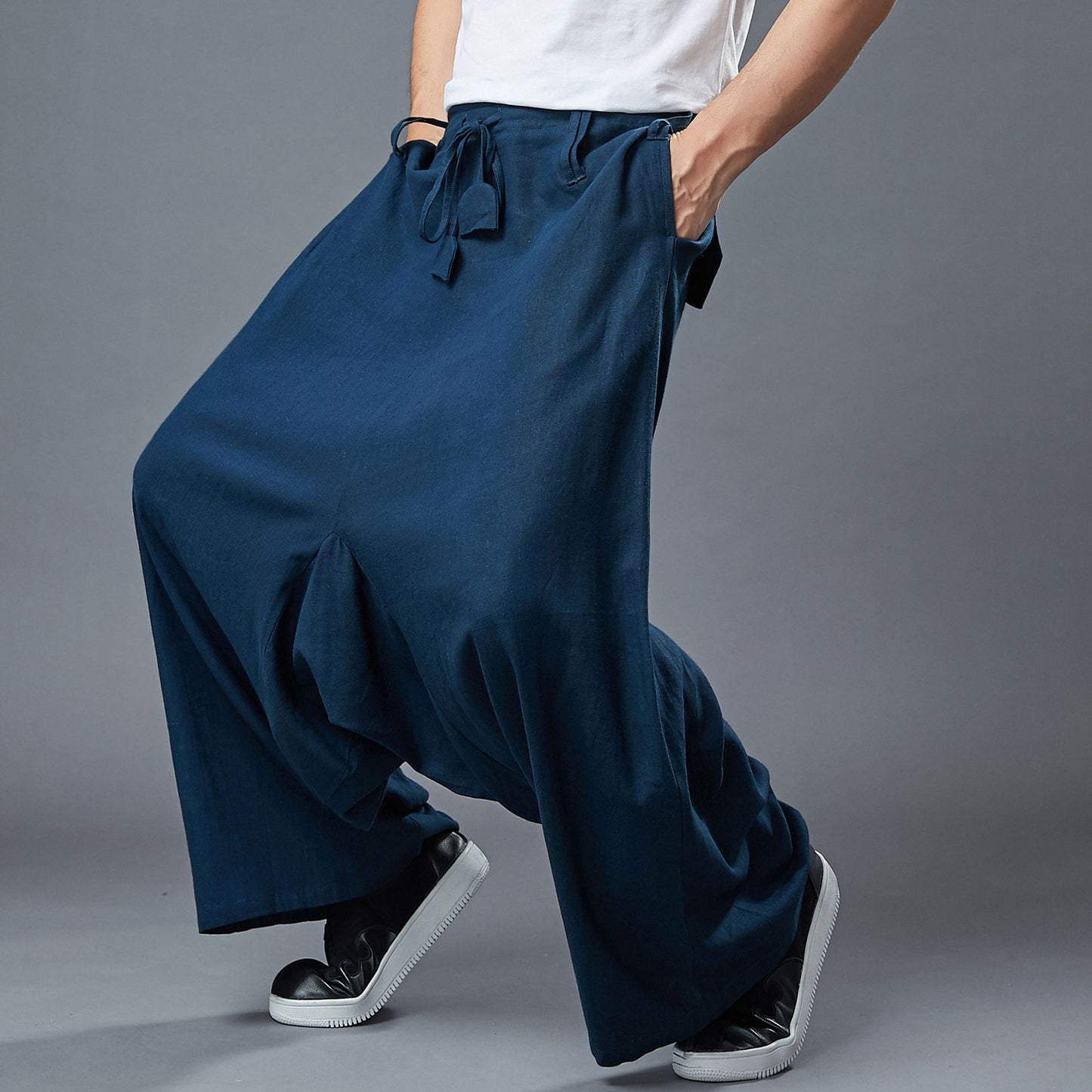 Pantalon décontracté en lin pour hommes, pantalon à entrejambe large