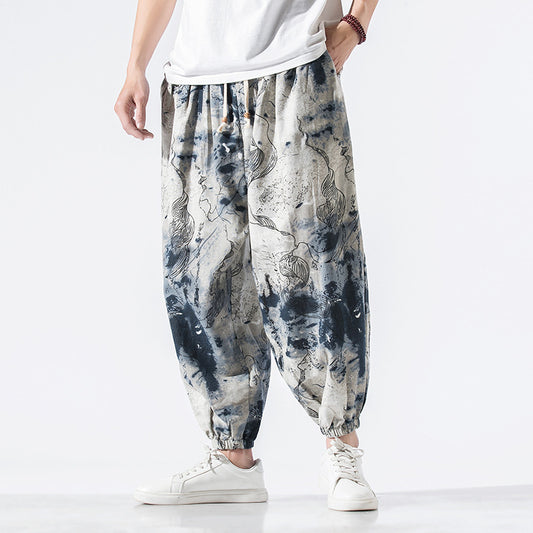 Pantalon décontracté en coton et lin de style chinois, ample, grande taille, neuf points