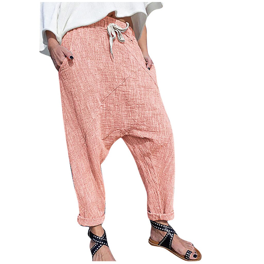 Pantalon large à poches, en coton et lin grande taille pour femme.