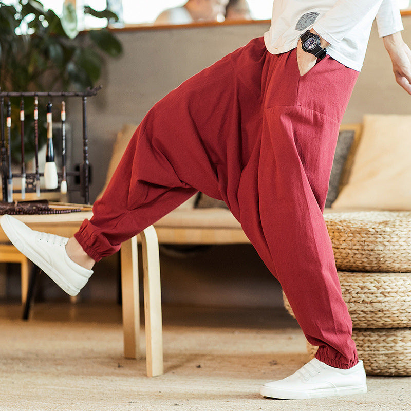 Pantalon en lin rétro pour hommes, grande taille, sarouel goutte