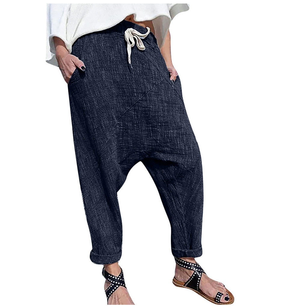 Pantalon large à poches, en coton et lin grande taille pour femme.