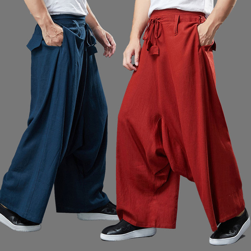 Pantalon décontracté en lin pour hommes, pantalon à entrejambe large