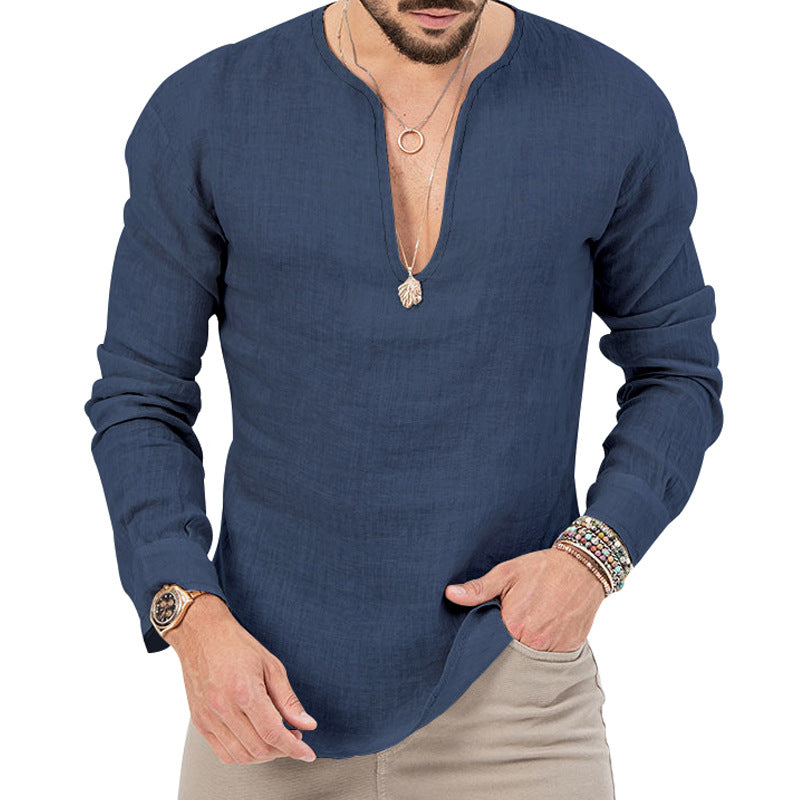 T-shirt décontracté en lin à manches longues pour hommes