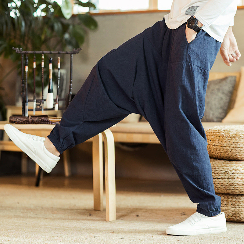 Pantalon en lin rétro pour hommes, grande taille, sarouel goutte