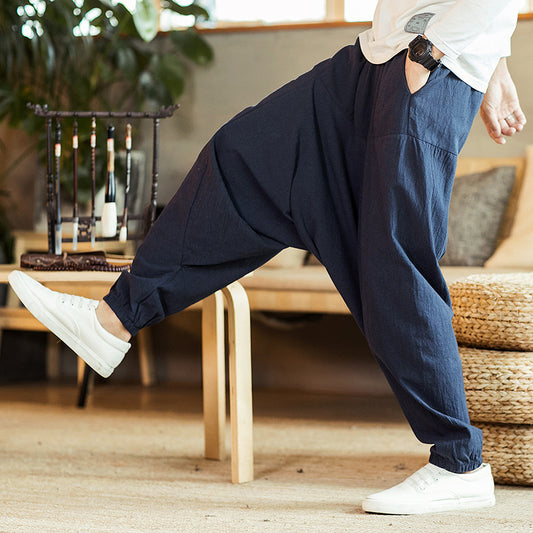 Pantalon en lin rétro pour hommes, grande taille, sarouel goutte