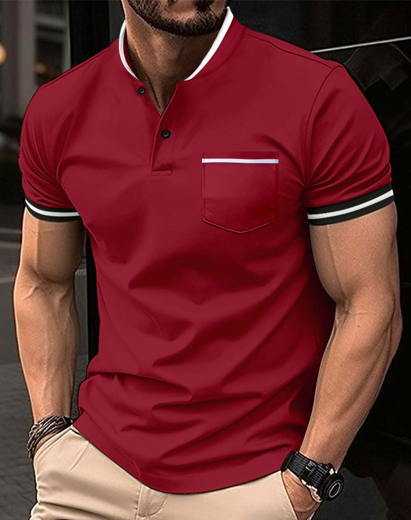 Polo hommes solide col montant et manches courtes