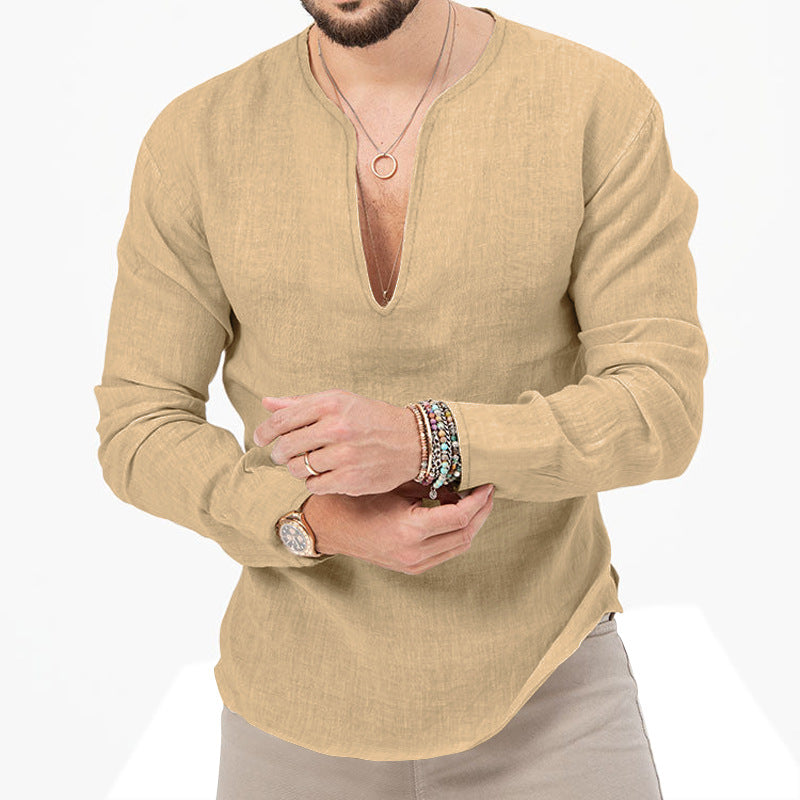 T-shirt décontracté en lin à manches longues pour hommes