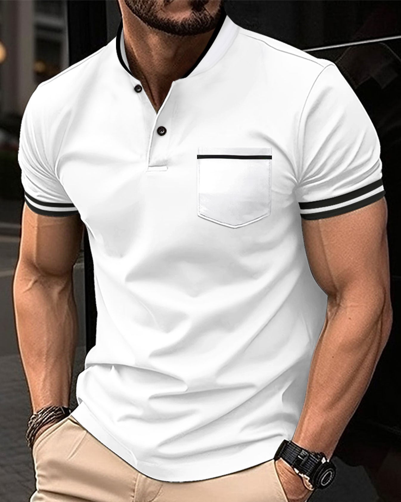 Polo hommes solide col montant et manches courtes