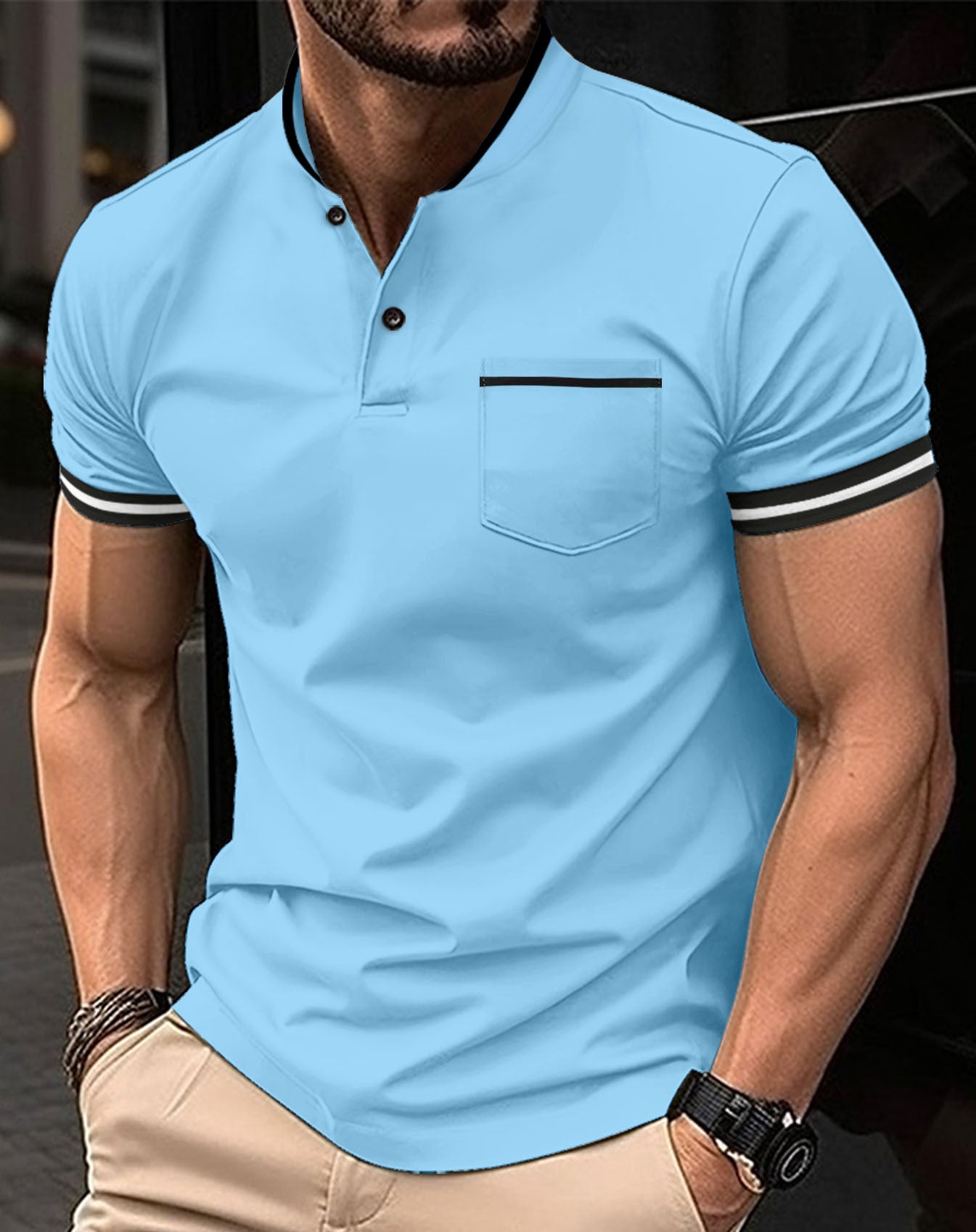 Polo hommes solide col montant et manches courtes