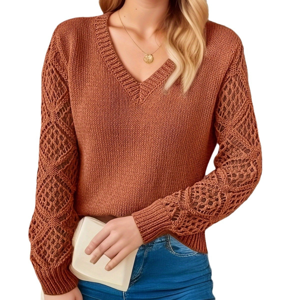 Pull tricoté creux à la mode pour femme