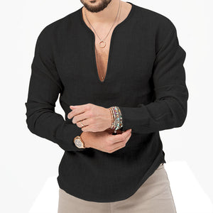 T-shirt décontracté en lin à manches longues pour hommes