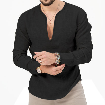 T-shirt décontracté en lin à manches longues pour hommes