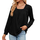 Haut noir pour femme - Uni - Col carré plissé - Jacquard - Manches longues - Confortable